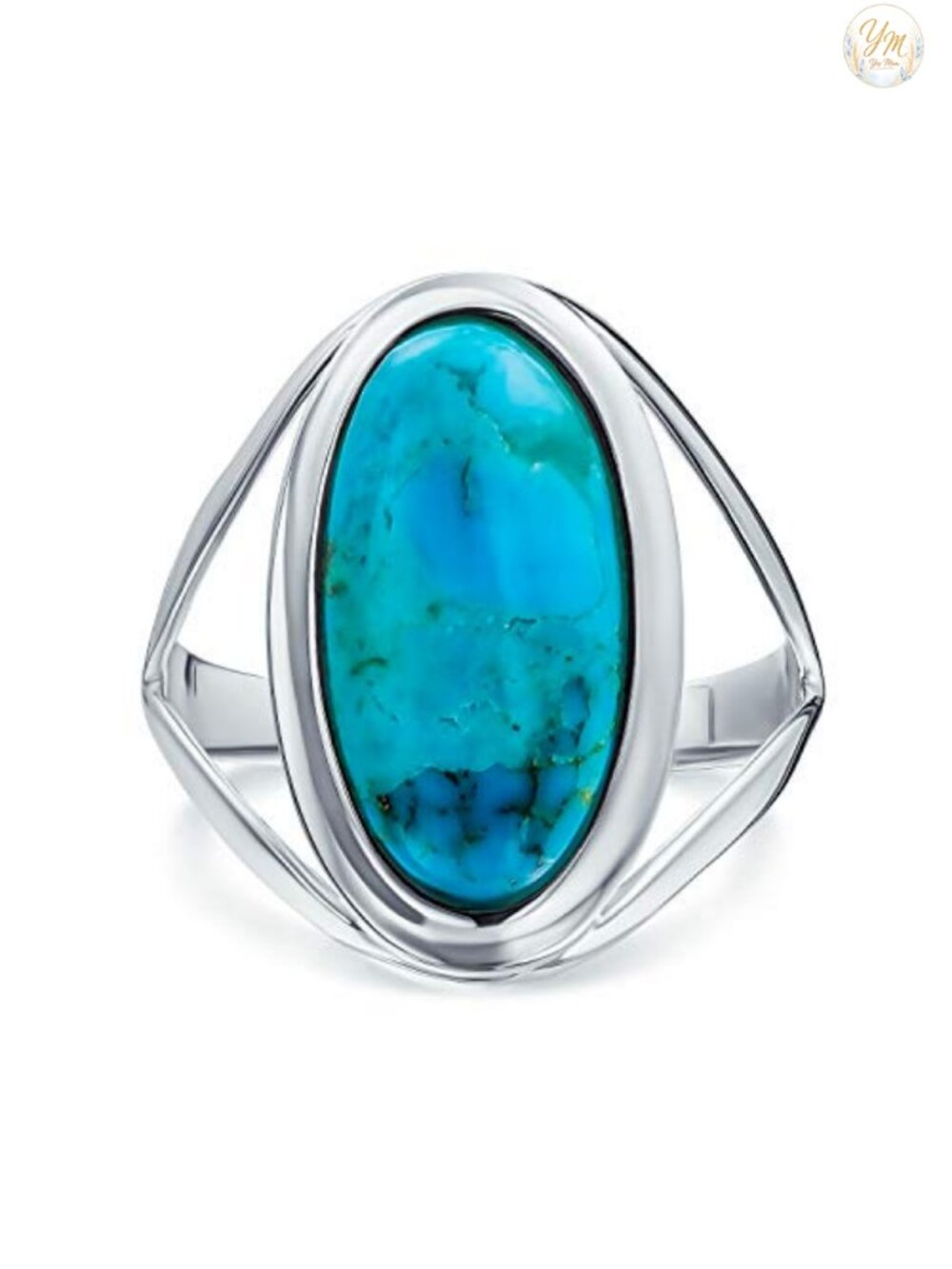 Cabochon Oval Turquoise Statement Ring Split Band Sterling Silver